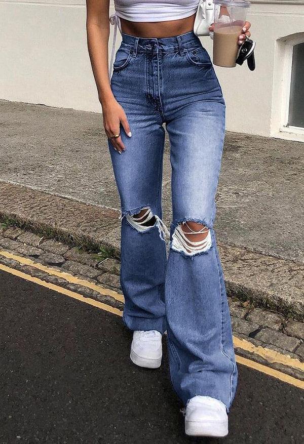 Distressed Denim Bell-Bottom Pants