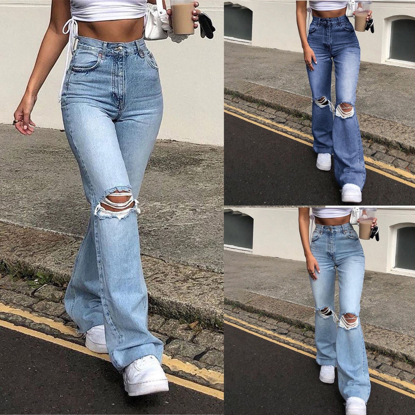 Distressed Denim Bell-Bottom Pants
