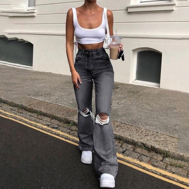 Distressed Denim Bell-Bottom Pants
